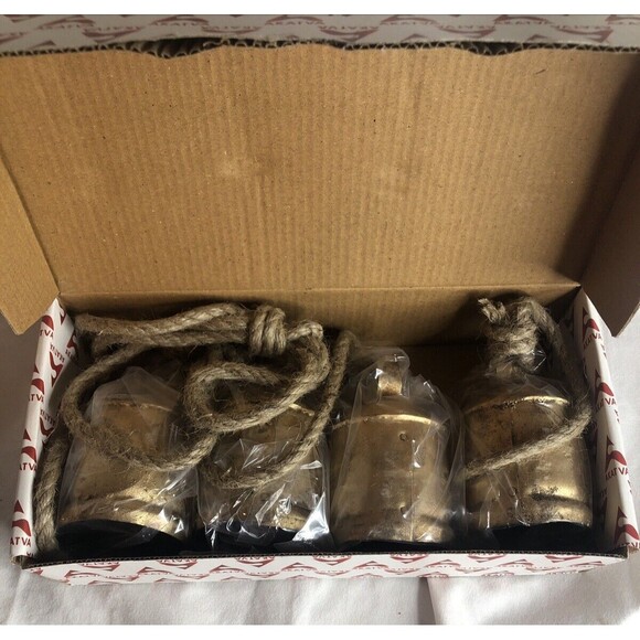 Rustic Tin Metal Cow Bells on Rope Wooden Clapper Christmas Decoration NEW!! - Picture 8 of 11